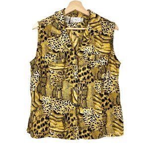 Kathy Che Women's Leopard Print Sleeveless Blouse Orange Black Size 12 Vintage